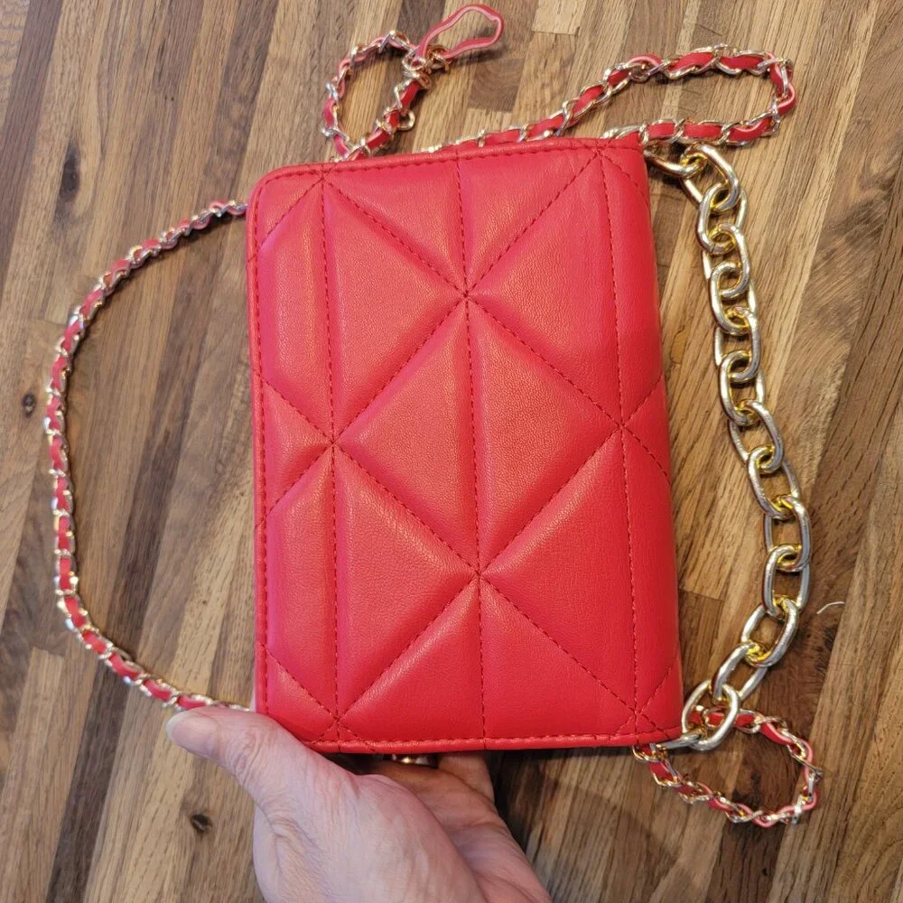 BEBE Red Quilted Faux Leather Crossbody Purse w Gold Chain Handstrap